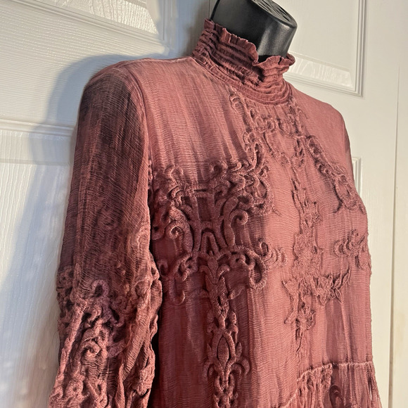 Soft Surroundings Dress Women Small Mauve Silk Tunic Embroidered High Neck Lined - Picture 4 of 16